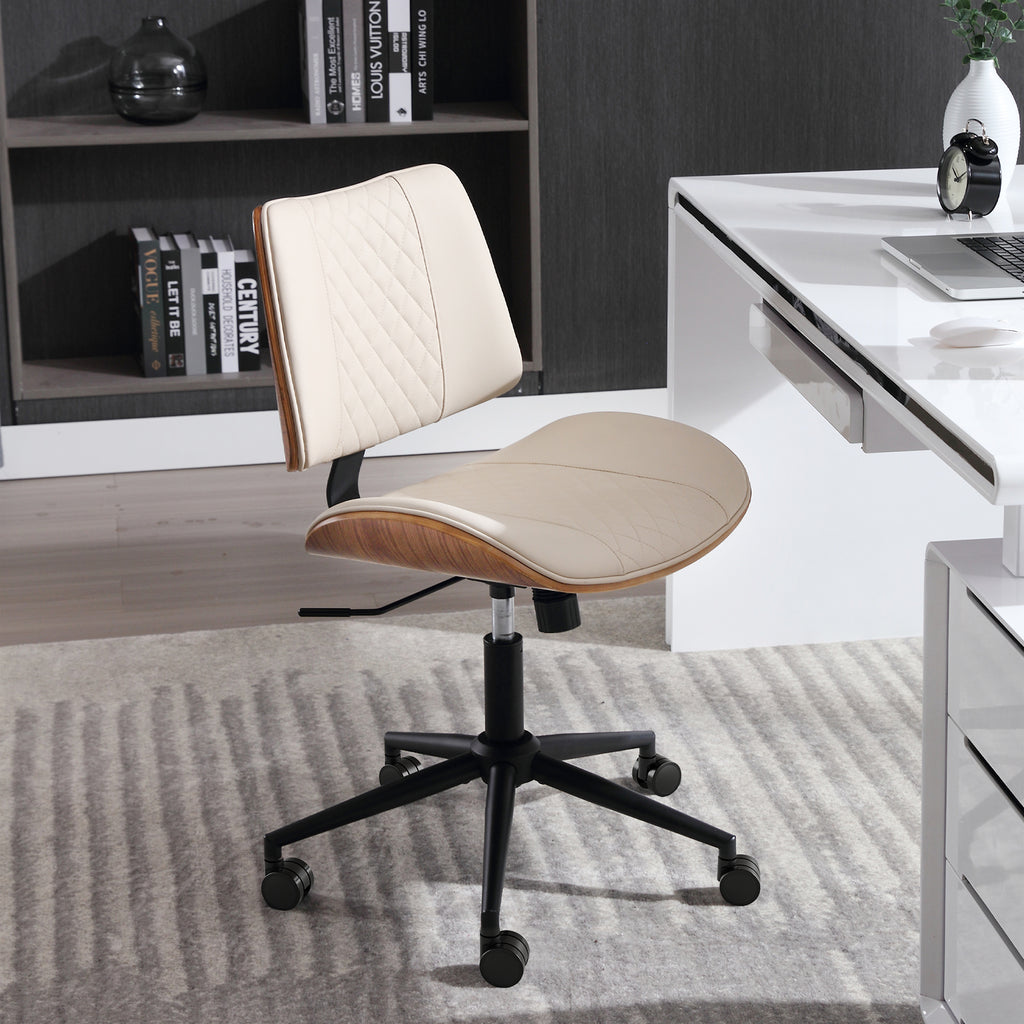 Home Office Chair No Arms with Wheels, Adjustable Height PU Leather Mid Back Desk Chair, 360° Swivel Armless Walnut Computer Chair for Office, Reading or Meeting Room, 300LBS Capacity, Beige