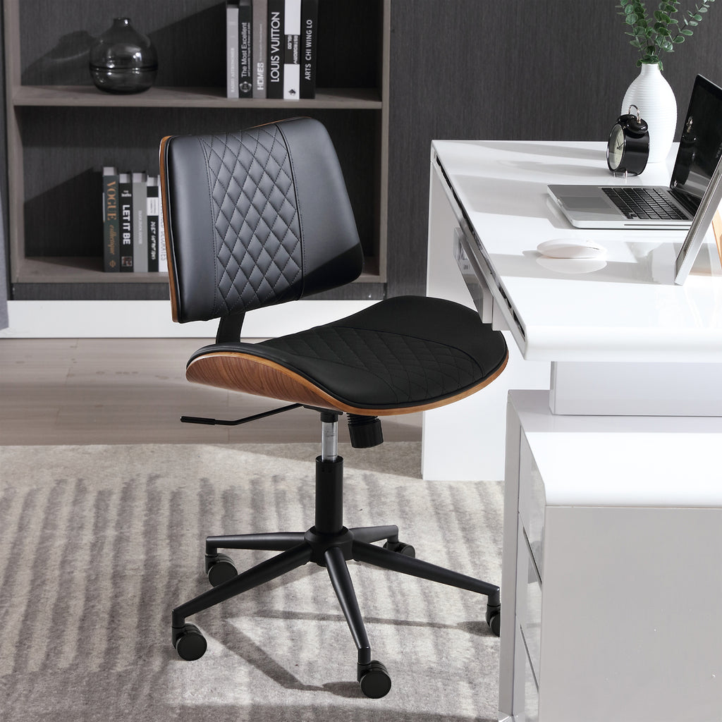 Home Office Chair No Arms with Wheels, Adjustable Height PU Leather Mid Back Desk Chair, 360° Swivel Armless Walnut Computer Chair for Office, Reading or Meeting Room, 300LBS Capacity, Beige