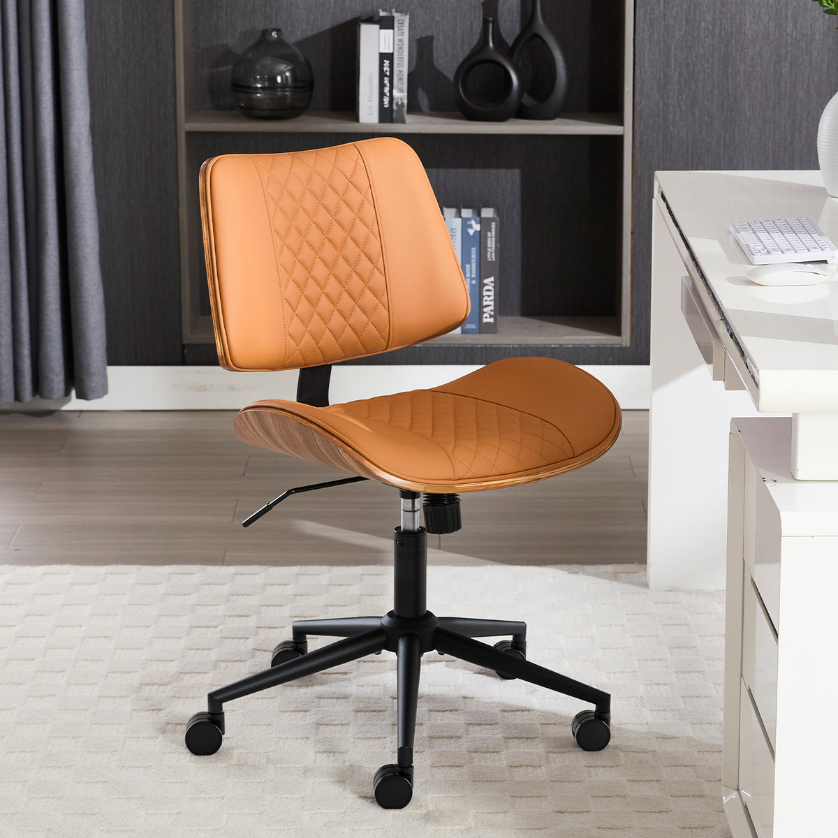 Home Office Chair No Arms with Wheels, Adjustable Height PU Leather Mid Back Desk Chair, 360° Swivel Armless Walnut Computer Chair for Office, Reading or Meeting Room, 300LBS Capacity, Beige