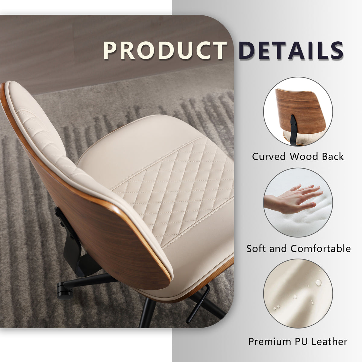 Home Office Chair No Arms with Wheels, Adjustable Height PU Leather Mid Back Desk Chair, 360° Swivel Armless Walnut Computer Chair for Office, Reading or Meeting Room, 300LBS Capacity, Beige