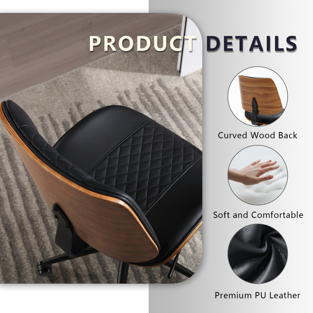 Home Office Chair No Arms with Wheels, Adjustable Height PU Leather Mid Back Desk Chair, 360° Swivel Armless Walnut Computer Chair for Office, Reading or Meeting Room, 300LBS Capacity, Beige