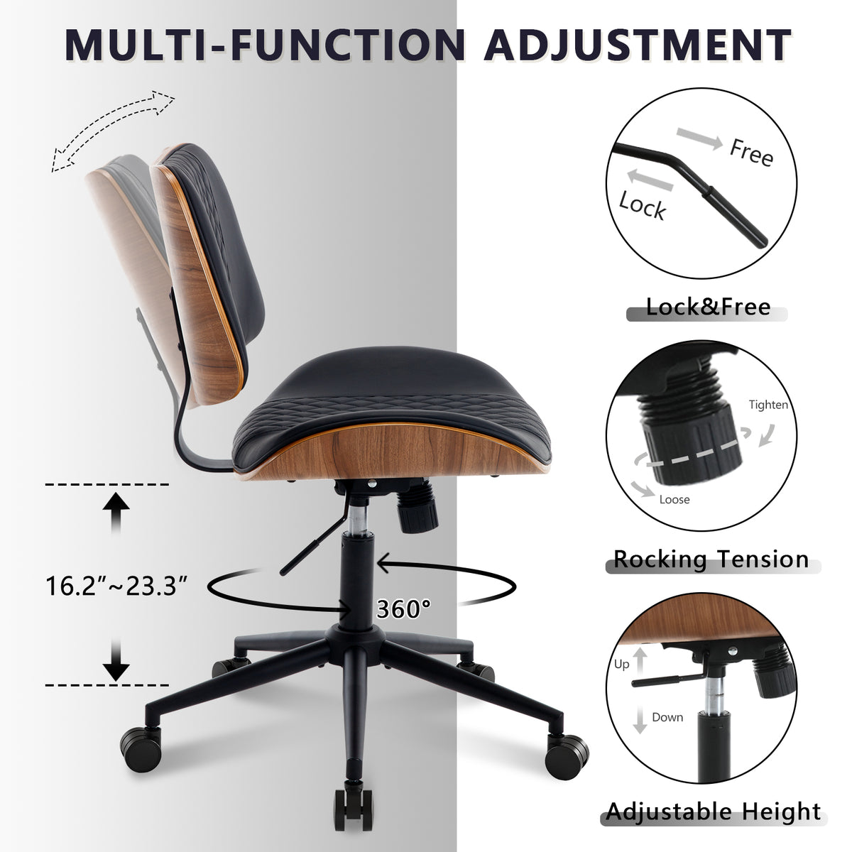 Home Office Chair No Arms with Wheels, Adjustable Height PU Leather Mid Back Desk Chair, 360° Swivel Armless Walnut Computer Chair for Office, Reading or Meeting Room, 300LBS Capacity, Beige