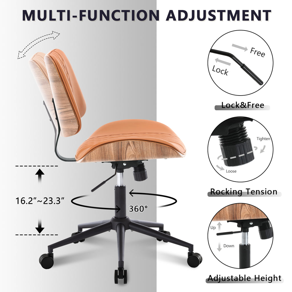 Home Office Chair No Arms with Wheels, Adjustable Height PU Leather Mid Back Desk Chair, 360° Swivel Armless Walnut Computer Chair for Office, Reading or Meeting Room, 300LBS Capacity, Beige