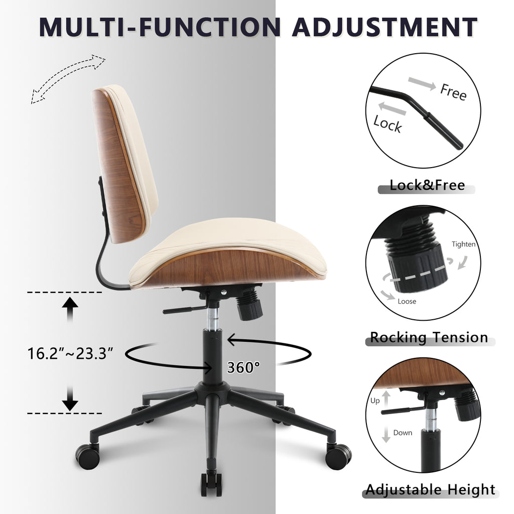 Home Office Chair No Arms with Wheels, Adjustable Height PU Leather Mid Back Desk Chair, 360° Swivel Armless Walnut Computer Chair for Office, Reading or Meeting Room, 300LBS Capacity, Beige