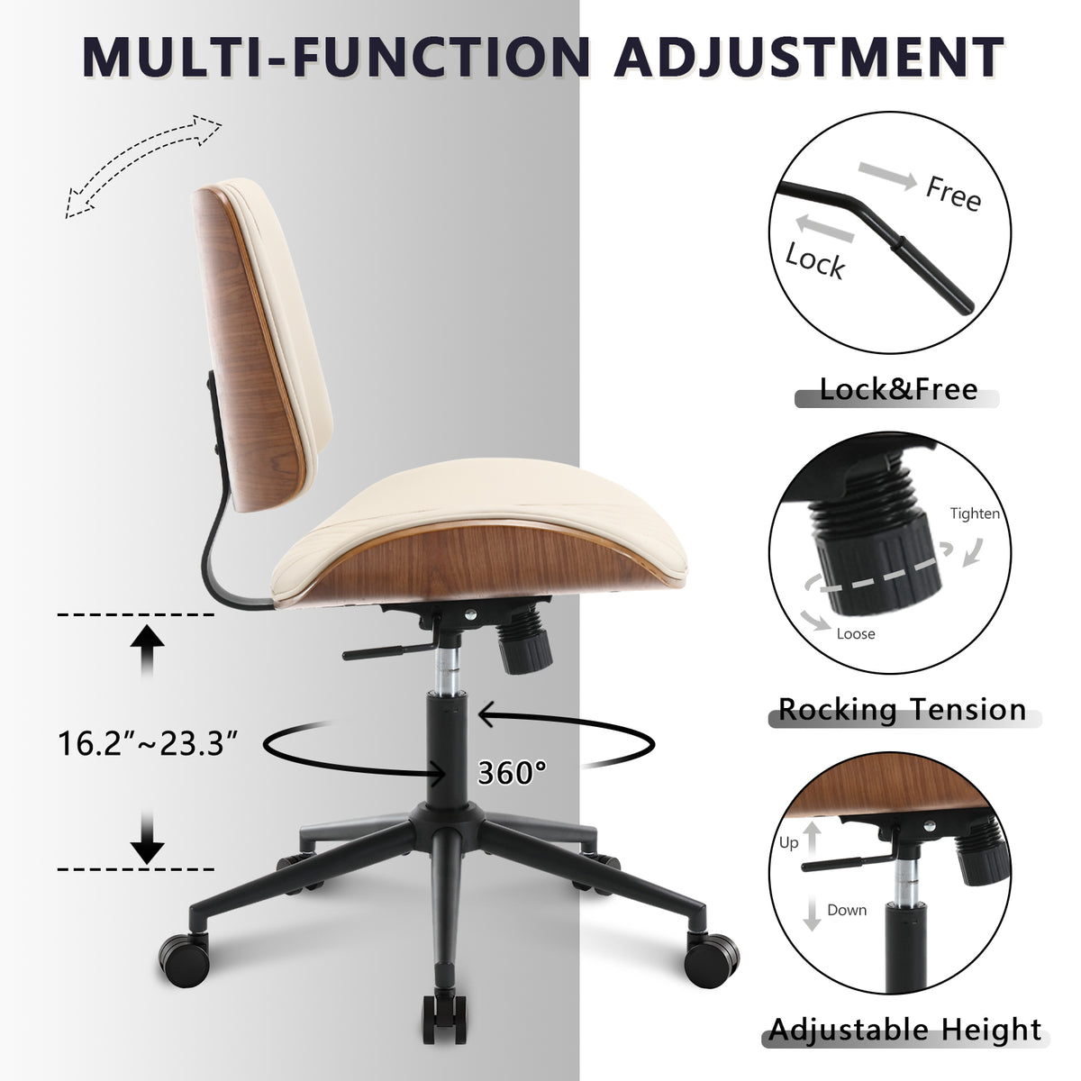 Home Office Chair No Arms with Wheels, Adjustable Height PU Leather Mid Back Desk Chair, 360° Swivel Armless Walnut Computer Chair for Office, Reading or Meeting Room, 300LBS Capacity, Beige