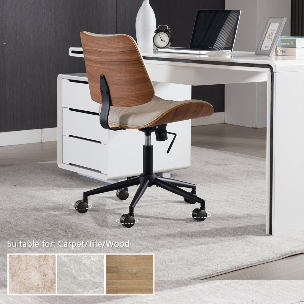 Home Office Chair No Arms with Wheels, Adjustable Height PU Leather Mid Back Desk Chair, 360° Swivel Armless Walnut Computer Chair for Office, Reading or Meeting Room, 300LBS Capacity, Beige
