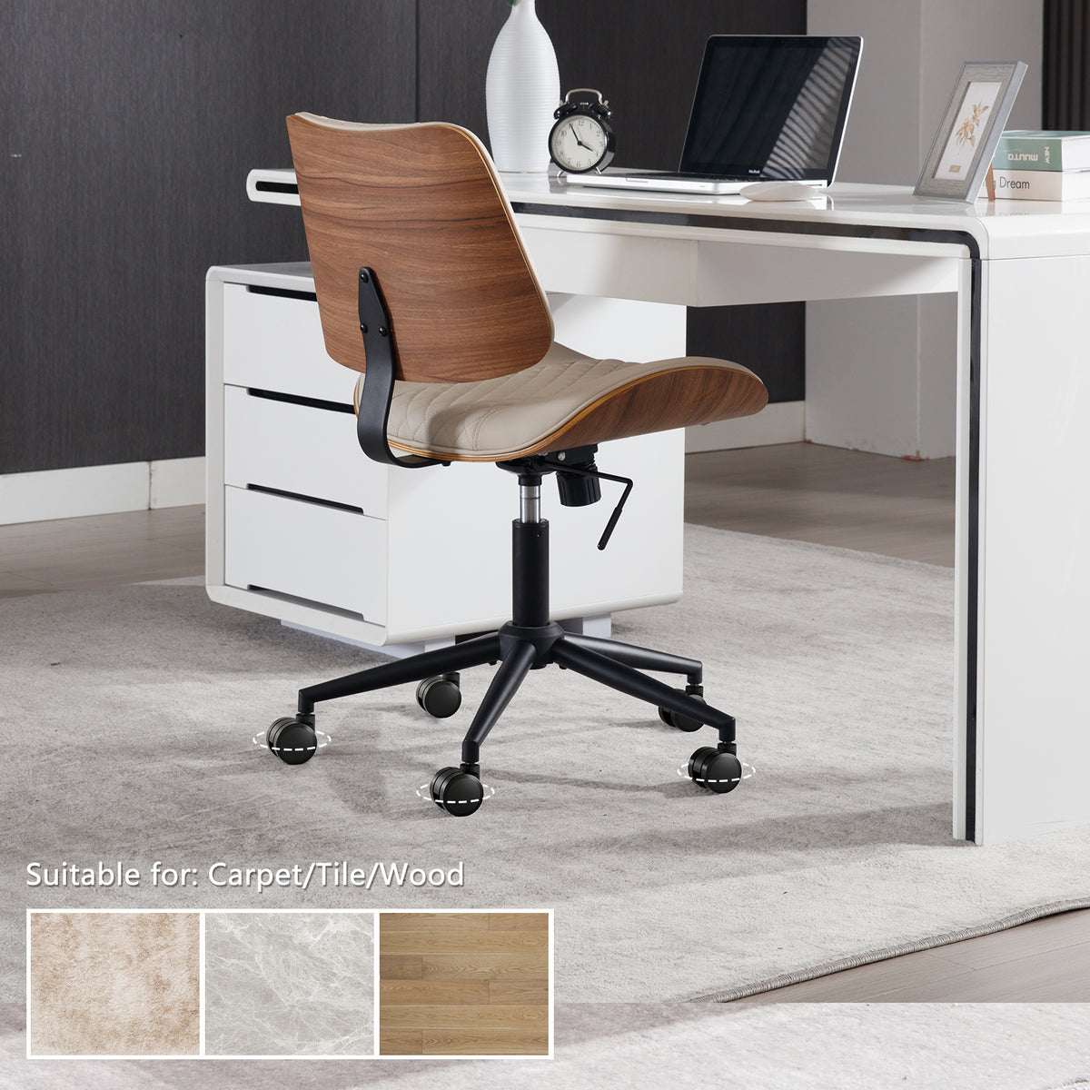 Home Office Chair No Arms with Wheels, Adjustable Height PU Leather Mid Back Desk Chair, 360° Swivel Armless Walnut Computer Chair for Office, Reading or Meeting Room, 300LBS Capacity, Beige