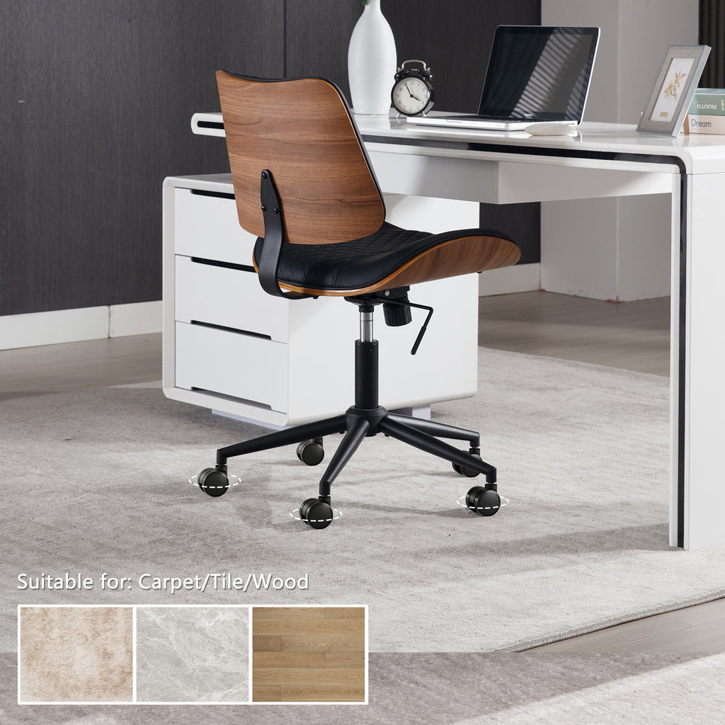 Home Office Chair No Arms with Wheels, Adjustable Height PU Leather Mid Back Desk Chair, 360° Swivel Armless Walnut Computer Chair for Office, Reading or Meeting Room, 300LBS Capacity, Beige