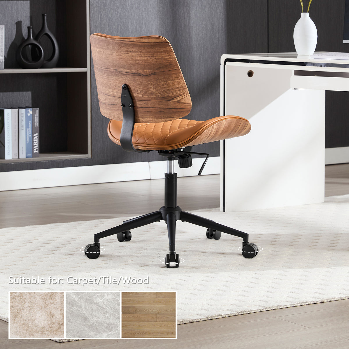 Home Office Chair No Arms with Wheels, Adjustable Height PU Leather Mid Back Desk Chair, 360° Swivel Armless Walnut Computer Chair for Office, Reading or Meeting Room, 300LBS Capacity, Beige