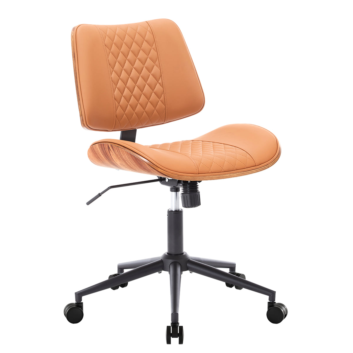Home Office Chair No Arms with Wheels, Mid Back Walnut Style,Black-2 | Adjustable Height Small Desk Chair, PU Leather Mid Back 360 Swivel Computer Seating, Armless Walnut Office Chair, 300LBS