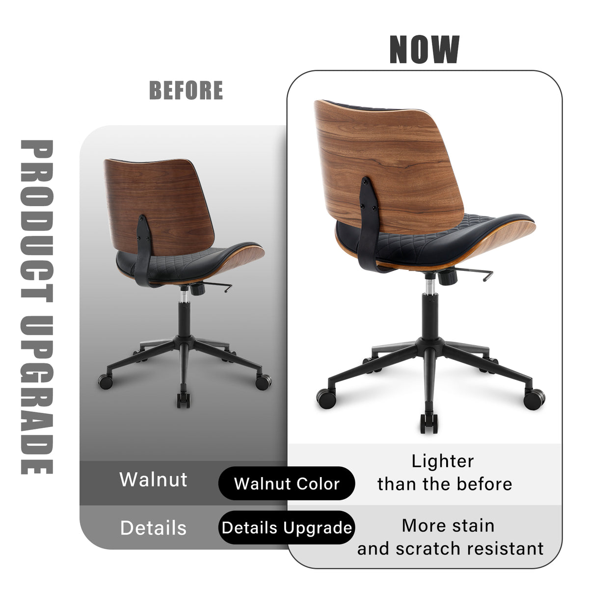 Home Office Chair No Arms with Wheels, Adjustable Height PU Leather Mid Back Desk Chair, 360° Swivel Armless Walnut Computer Chair for Office, Reading or Meeting Room, 300LBS Capacity, Beige