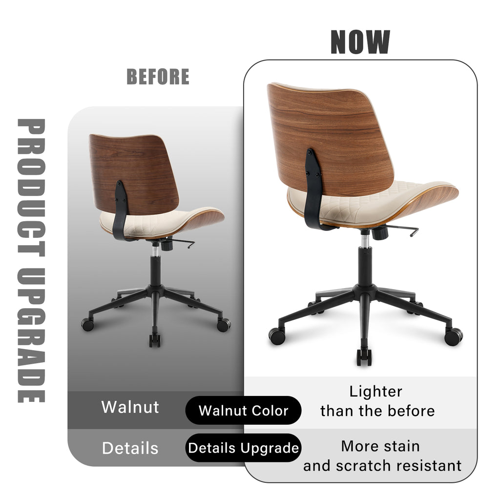Home Office Chair No Arms with Wheels, Adjustable Height PU Leather Mid Back Desk Chair, 360° Swivel Armless Walnut Computer Chair for Office, Reading or Meeting Room, 300LBS Capacity, Beige