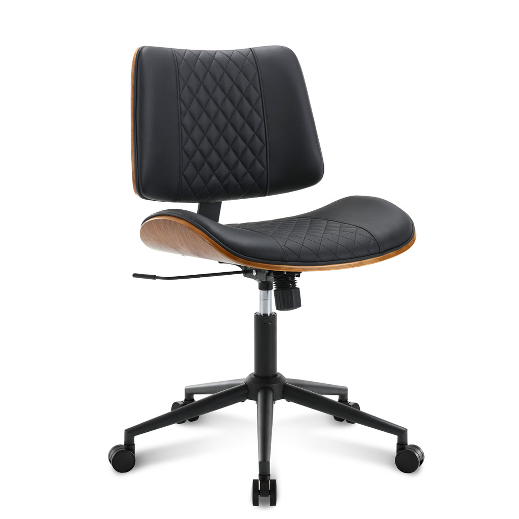 Home Office Chair No Arms with Wheels, Mid Back Walnut Style,Black-2 | Adjustable Height Small Desk Chair, PU Leather Mid Back 360 Swivel Computer Seating, Armless Walnut Office Chair, 300LBS