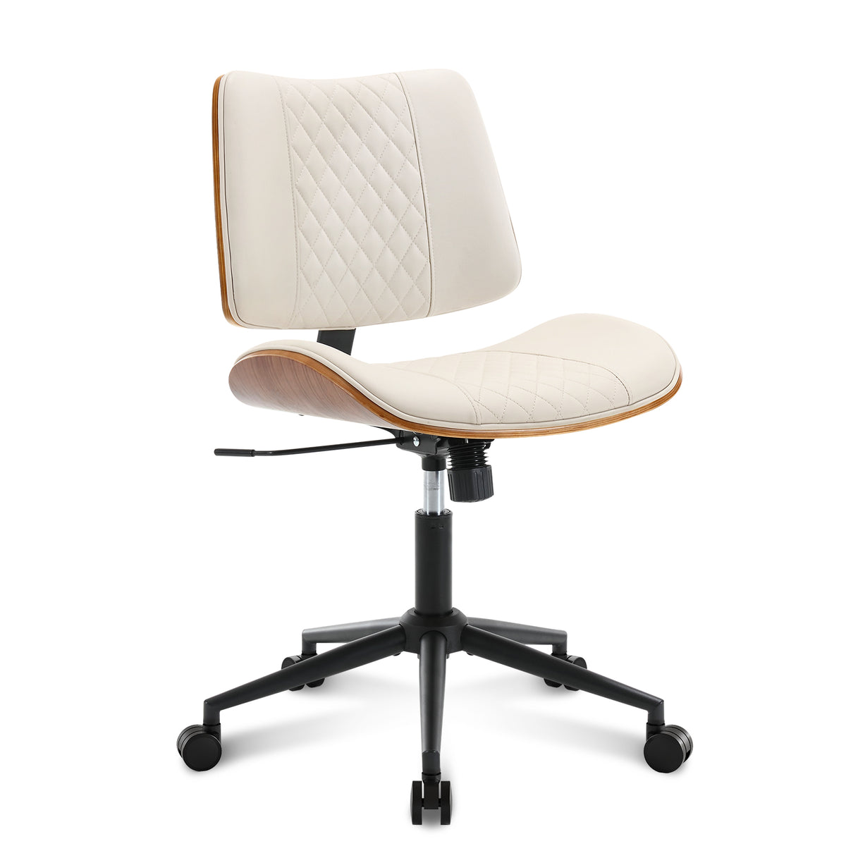 Home Office Chair No Arms with Wheels, Mid Back Walnut Style,Black-2 | Adjustable Height Small Desk Chair, PU Leather Mid Back 360 Swivel Computer Seating, Armless Walnut Office Chair, 300LBS