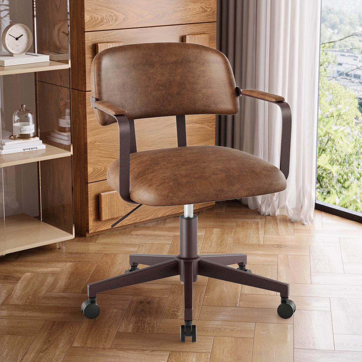Quiet Small Modern Office Chair PU Leather Black | Padded Armrests, Curved Back Support, 360° Swivel, Height Adjustable, Quiet PU Wheels, Faux Leather, 300 lb Limit, Easy Clean