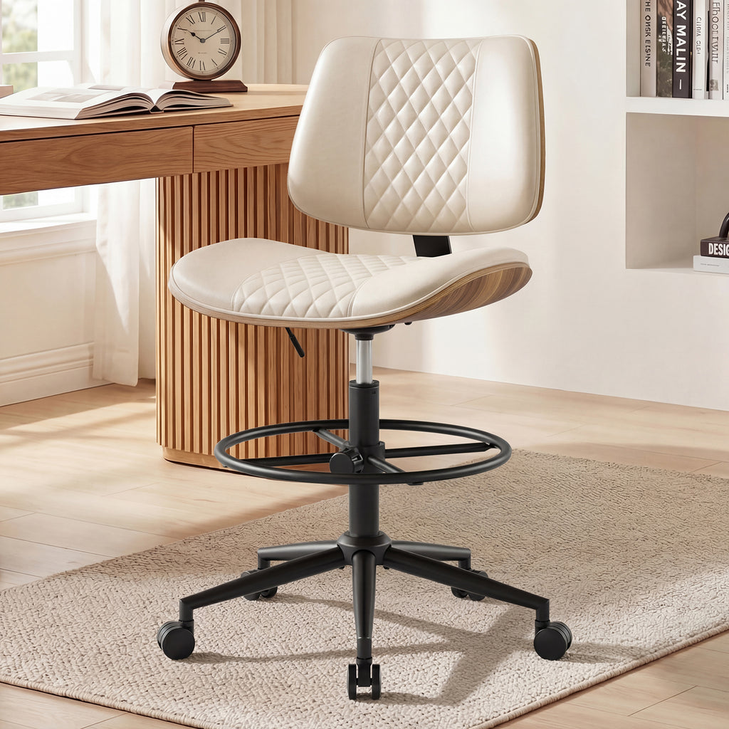 Drafting Chair with Adjustable Footrest, Rolling Walnut Stool, Black | Armless Tall Swivel Stool for Standing Desk, PU Leather Curved Bentwood, Rolling for Office & Art Studio, 300LBS Capacity