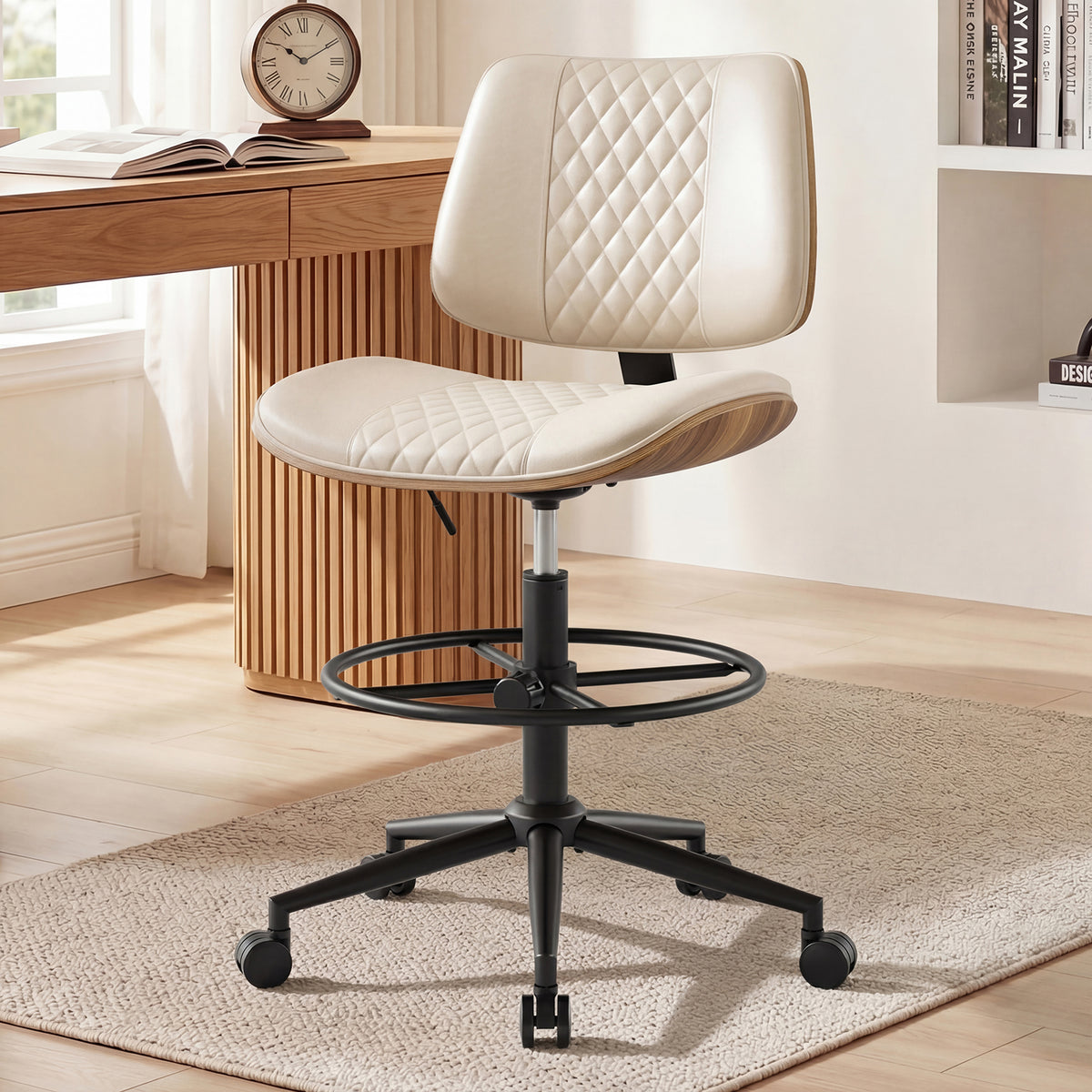 Drafting Chair with Adjustable Footrest, Rolling Walnut Stool, Black | Armless Tall Swivel Stool for Standing Desk, PU Leather Curved Bentwood, Rolling for Office & Art Studio, 300LBS Capacity