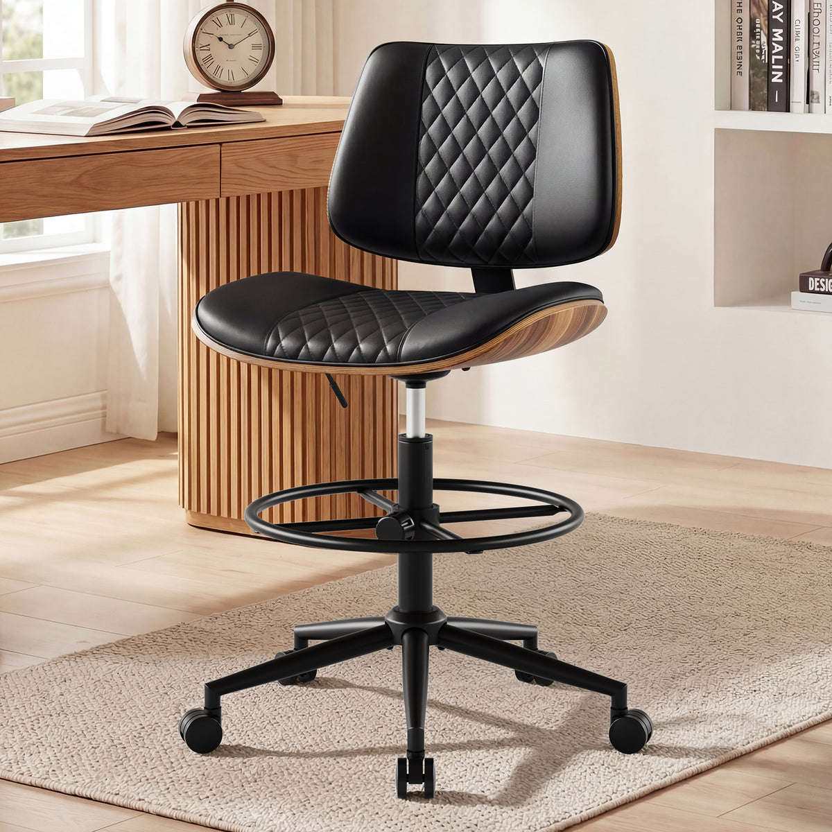 Drafting Chair with Adjustable Footrest, Rolling Walnut Stool, Black | Armless Tall Swivel Stool for Standing Desk, PU Leather Curved Bentwood, Rolling for Office & Art Studio, 300LBS Capacity