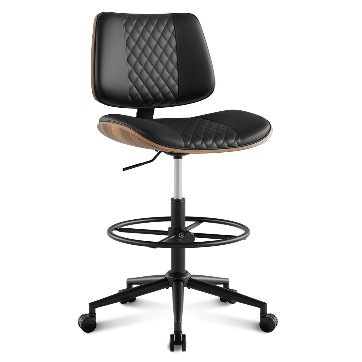 Drafting Chair with Adjustable Footrest, Rolling Walnut Stool, Black | Armless Tall Swivel Stool for Standing Desk, PU Leather Curved Bentwood, Rolling for Office & Art Studio, 300LBS Capacity