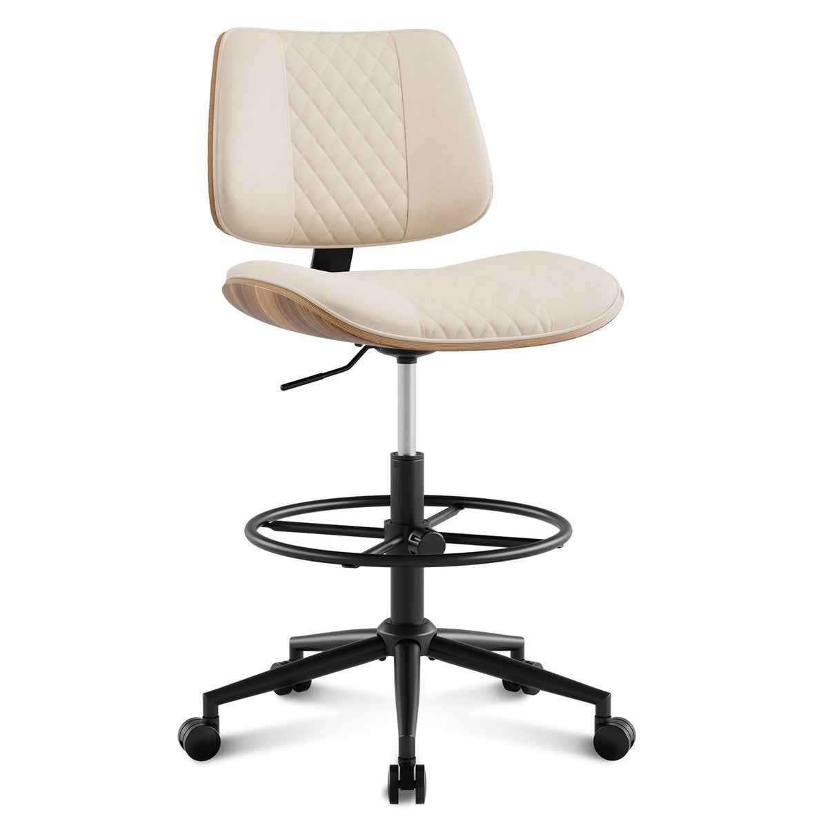 Drafting Chair with Adjustable Footrest, Rolling Walnut Stool, Black | Armless Tall Swivel Stool for Standing Desk, PU Leather Curved Bentwood, Rolling for Office & Art Studio, 300LBS Capacity