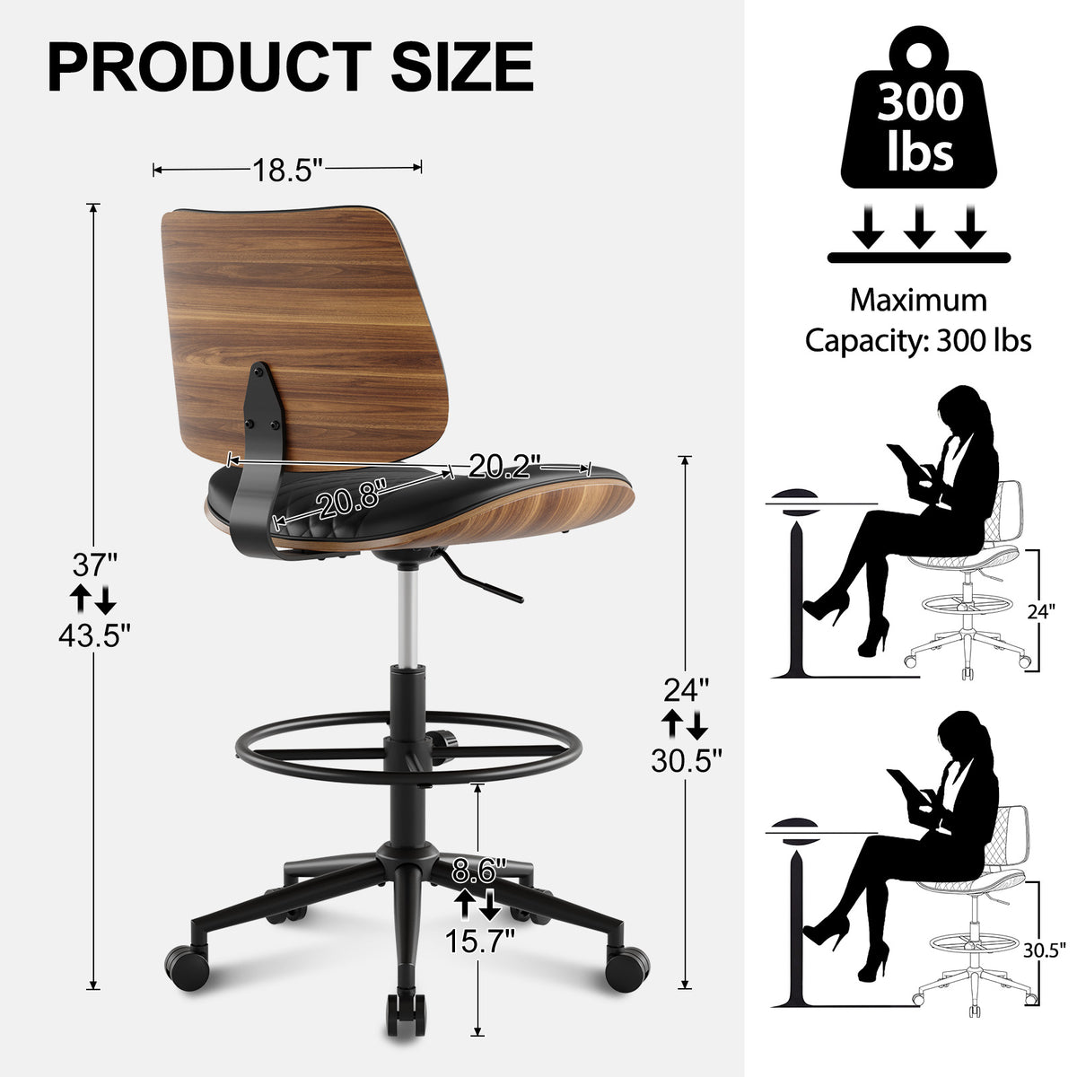 Drafting Chair with Adjustable Footrest, Rolling Walnut Stool, Black | Armless Tall Swivel Stool for Standing Desk, PU Leather Curved Bentwood, Rolling for Office & Art Studio, 300LBS Capacity