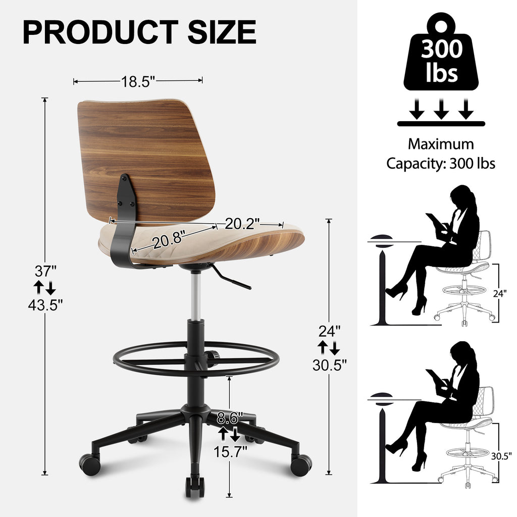 Drafting Chair with Adjustable Footrest, Rolling Walnut Stool, Black | Armless Tall Swivel Stool for Standing Desk, PU Leather Curved Bentwood, Rolling for Office & Art Studio, 300LBS Capacity