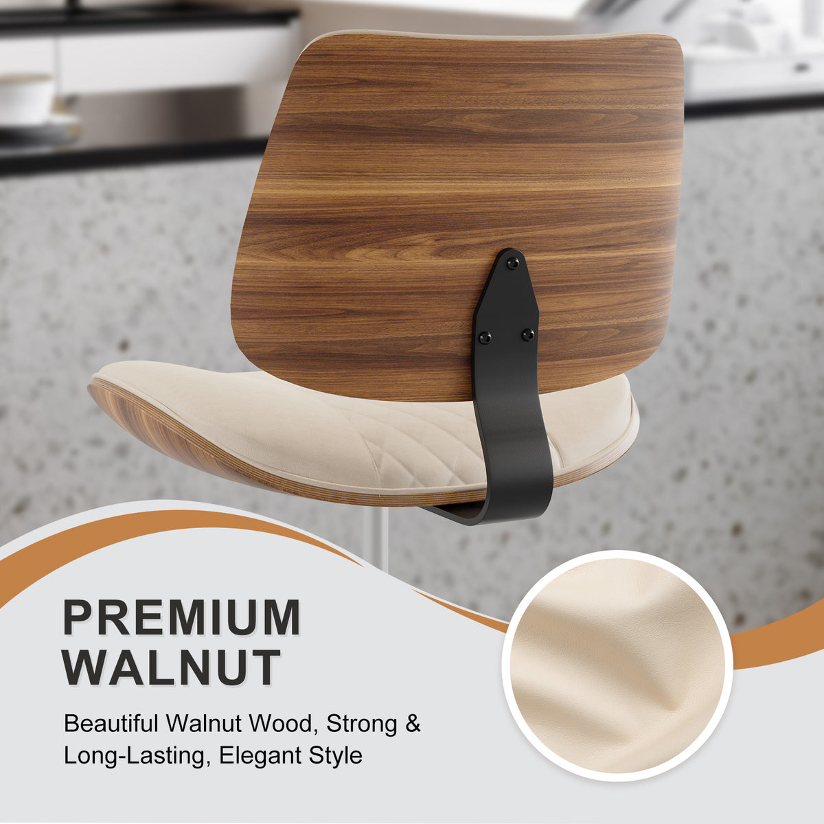 Drafting Chair with Adjustable Footrest, Rolling Walnut Stool, Black | Armless Tall Swivel Stool for Standing Desk, PU Leather Curved Bentwood, Rolling for Office & Art Studio, 300LBS Capacity