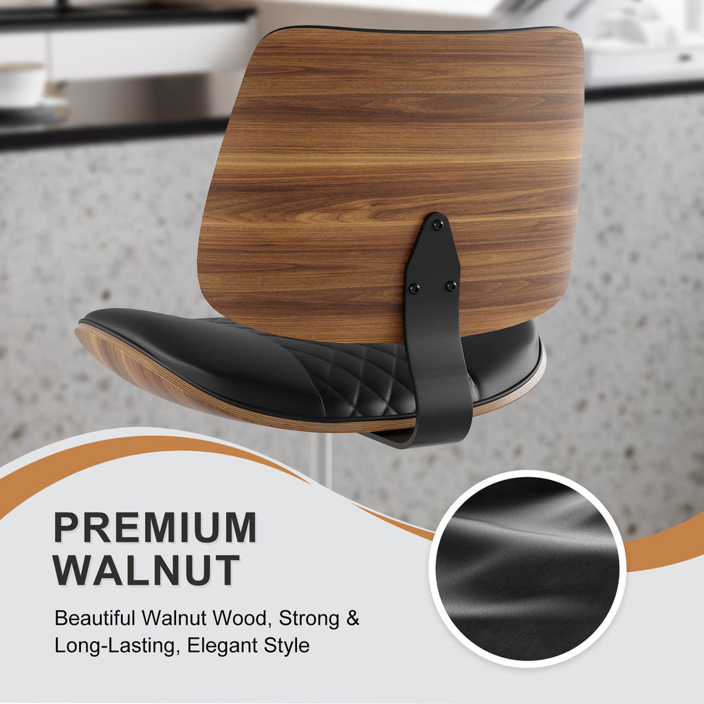 Drafting Chair with Adjustable Footrest, Rolling Walnut Stool, Black | Armless Tall Swivel Stool for Standing Desk, PU Leather Curved Bentwood, Rolling for Office & Art Studio, 300LBS Capacity