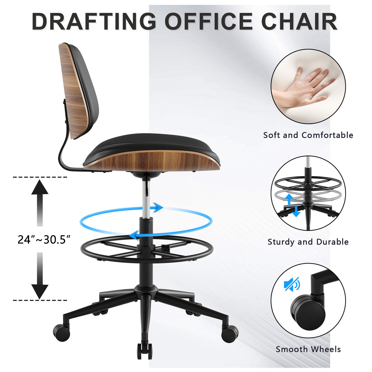 Drafting Chair with Adjustable Footrest, Rolling Walnut Stool, Black | Armless Tall Swivel Stool for Standing Desk, PU Leather Curved Bentwood, Rolling for Office & Art Studio, 300LBS Capacity
