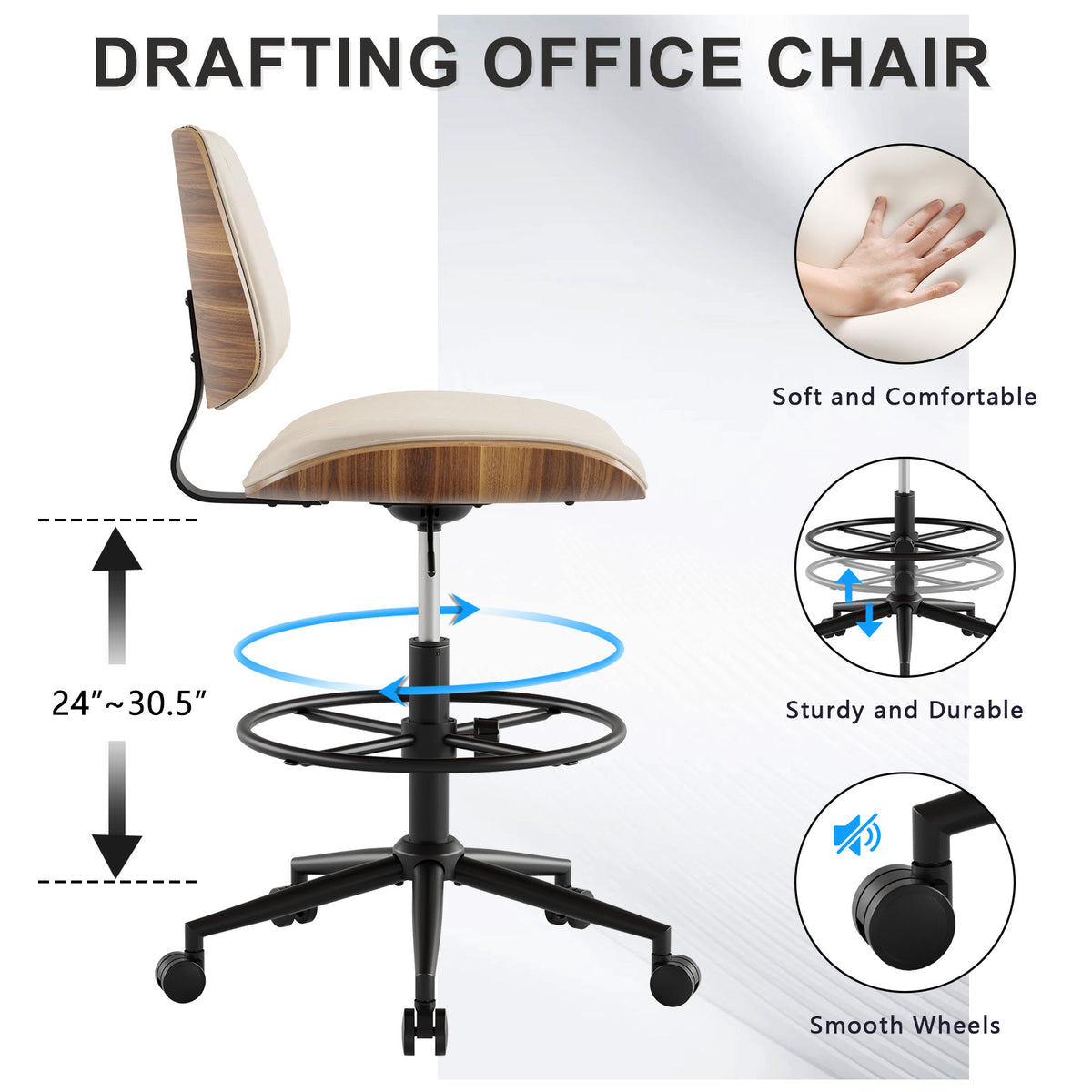 Drafting Chair with Adjustable Footrest, Rolling Walnut Stool, Black | Armless Tall Swivel Stool for Standing Desk, PU Leather Curved Bentwood, Rolling for Office & Art Studio, 300LBS Capacity