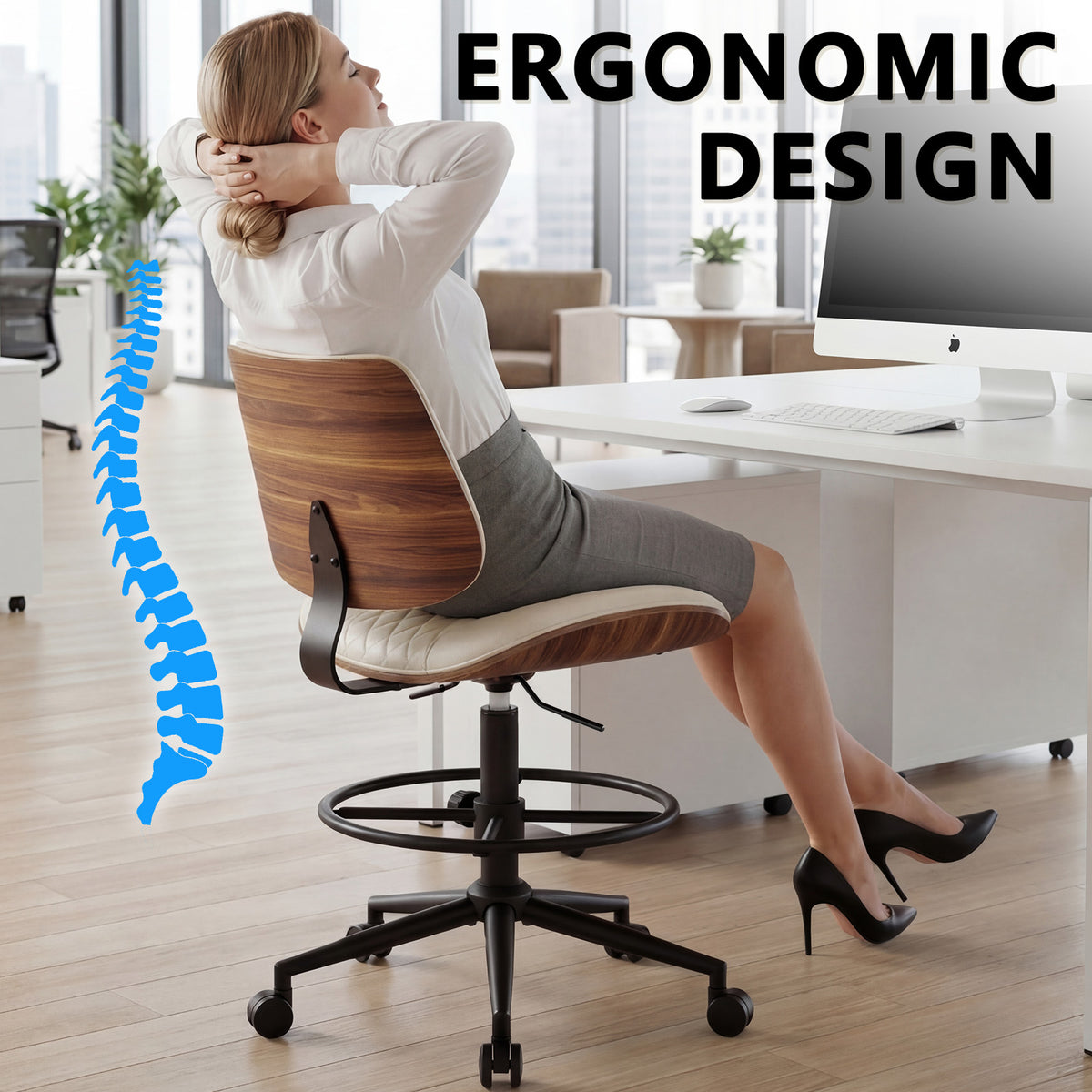 Drafting Chair with Adjustable Footrest, Rolling Walnut Stool, Black | Armless Tall Swivel Stool for Standing Desk, PU Leather Curved Bentwood, Rolling for Office & Art Studio, 300LBS Capacity