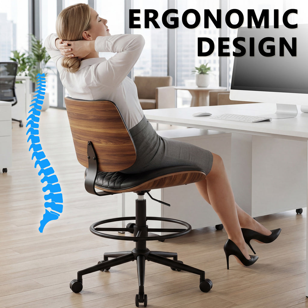 Drafting Chair with Adjustable Footrest, Rolling Walnut Stool, Black | Armless Tall Swivel Stool for Standing Desk, PU Leather Curved Bentwood, Rolling for Office & Art Studio, 300LBS Capacity