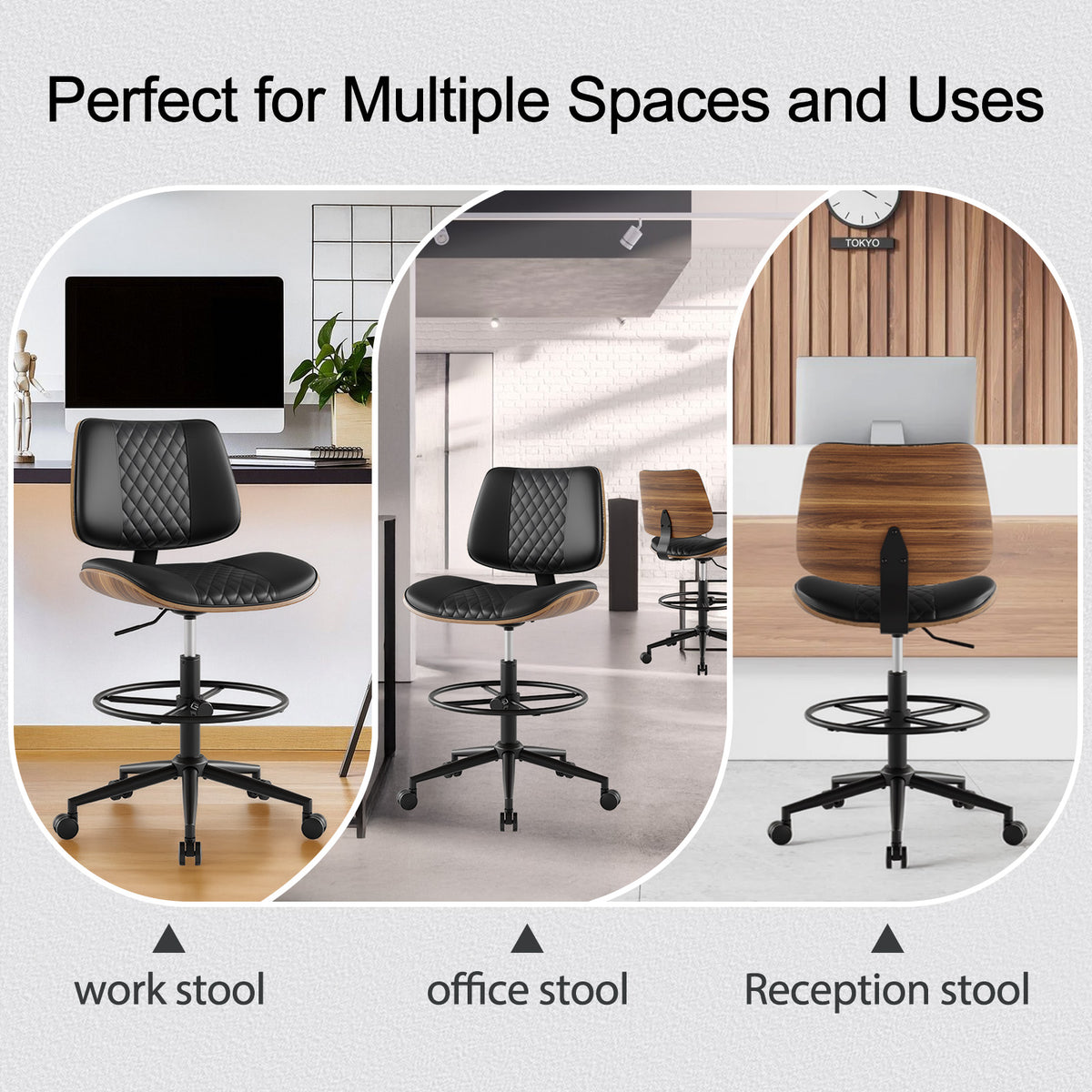 Drafting Chair with Adjustable Footrest, Rolling Walnut Stool, Black | Armless Tall Swivel Stool for Standing Desk, PU Leather Curved Bentwood, Rolling for Office & Art Studio, 300LBS Capacity