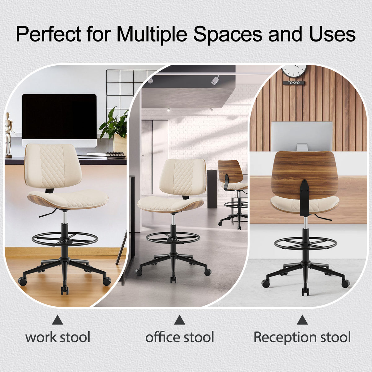 Drafting Chair with Adjustable Footrest, Rolling Walnut Stool, Black | Armless Tall Swivel Stool for Standing Desk, PU Leather Curved Bentwood, Rolling for Office & Art Studio, 300LBS Capacity