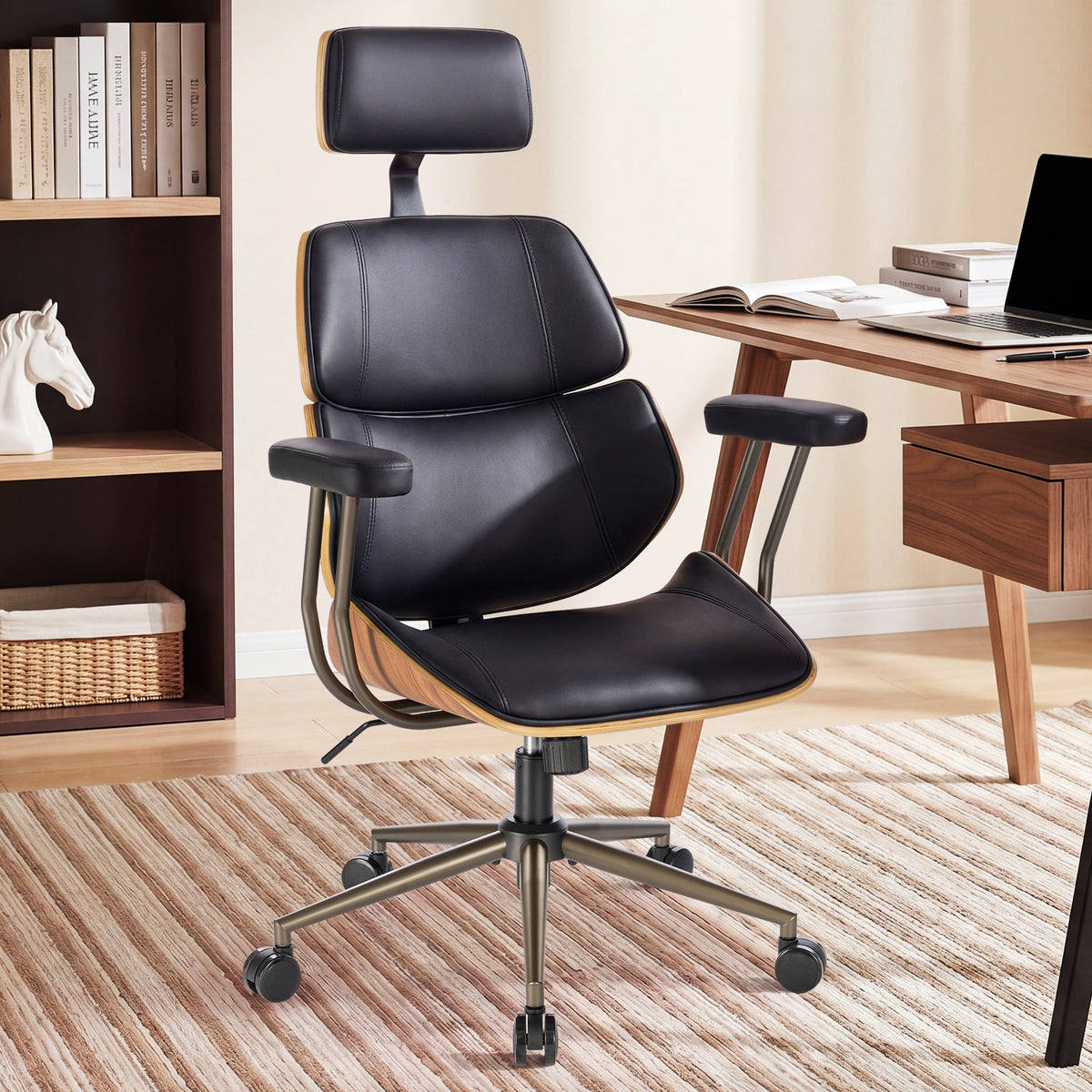 Mid Century Walnut PU Leather High Back Office Chair with Headrest, Black | Curved walnut back & seat, high-back with headrest, PU leather, padded armrests, executive swivel & rolling for home office