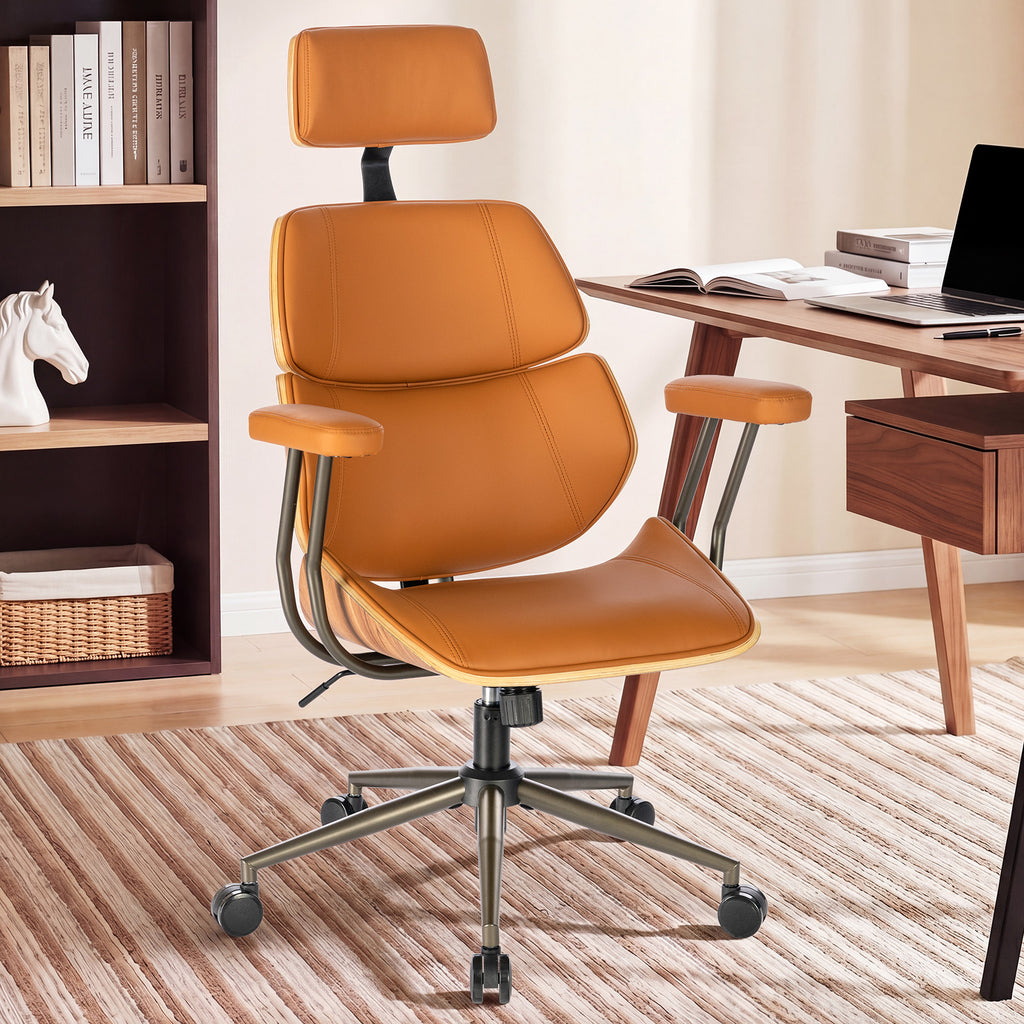 Mid Century Walnut PU Leather High Back Office Chair with Headrest, Black | Curved walnut back & seat, high-back with headrest, PU leather, padded armrests, executive swivel & rolling for home office