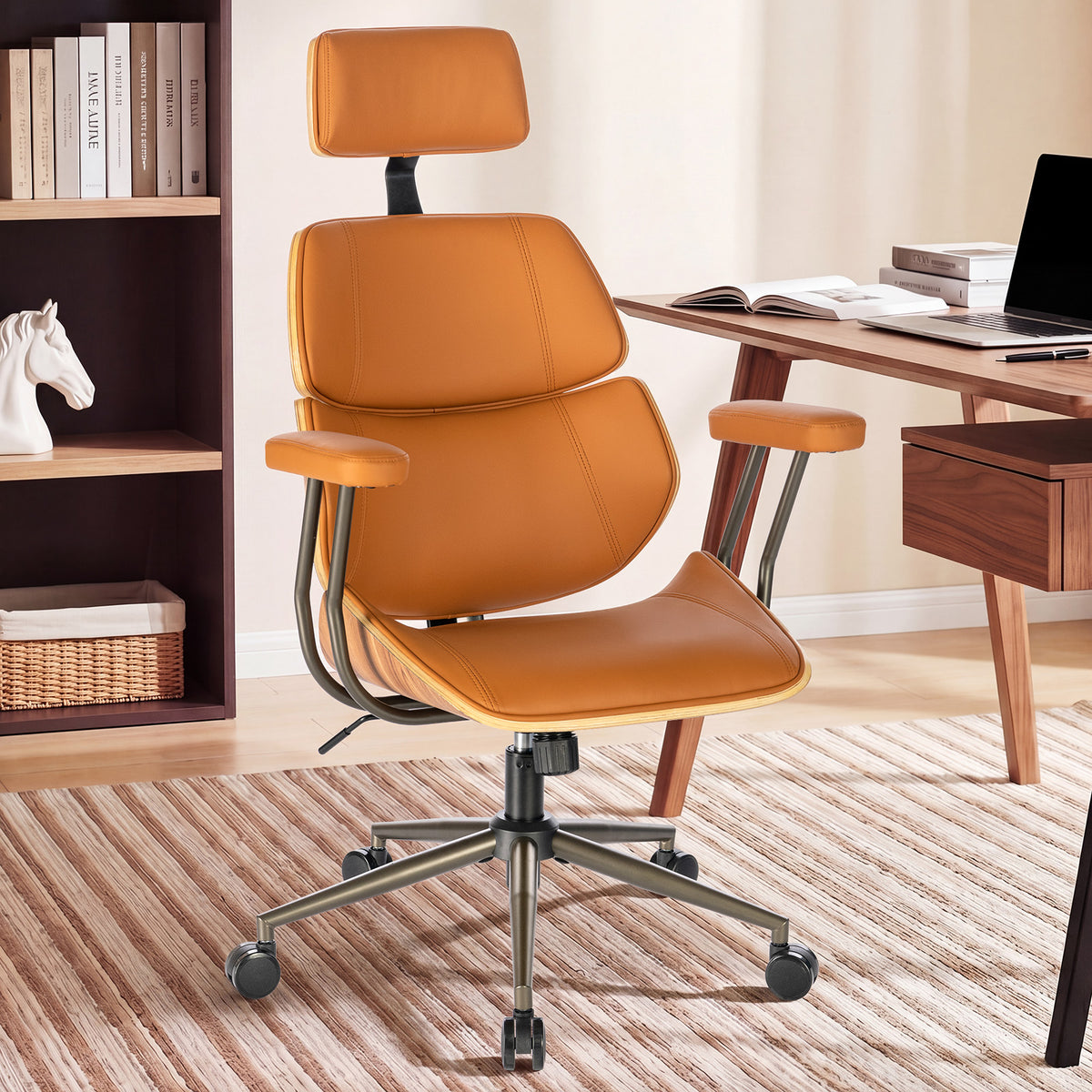 Mid Century Walnut PU Leather High Back Office Chair with Headrest, Black | Curved walnut back & seat, high-back with headrest, PU leather, padded armrests, executive swivel & rolling for home office