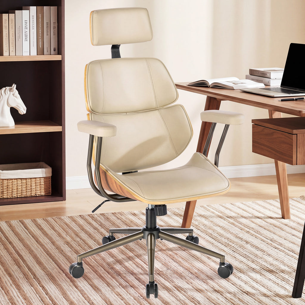 Mid Century Walnut PU Leather High Back Office Chair with Headrest, Black | Curved walnut back & seat, high-back with headrest, PU leather, padded armrests, executive swivel & rolling for home office