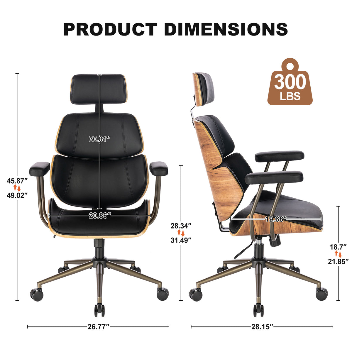 Mid Century Walnut PU Leather High Back Office Chair with Headrest, Black | Curved walnut back & seat, high-back with headrest, PU leather, padded armrests, executive swivel & rolling for home office