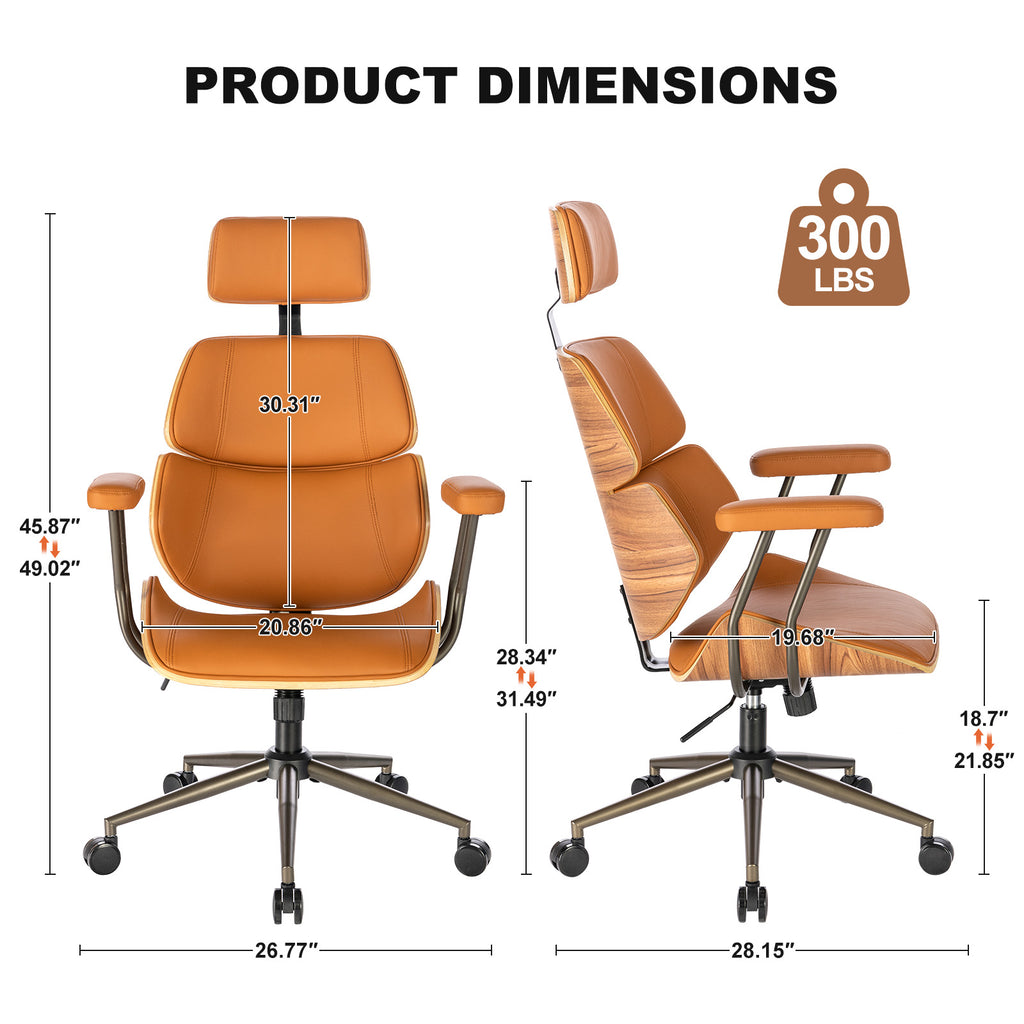 Mid Century Walnut PU Leather High Back Office Chair with Headrest, Black | Curved walnut back & seat, high-back with headrest, PU leather, padded armrests, executive swivel & rolling for home office
