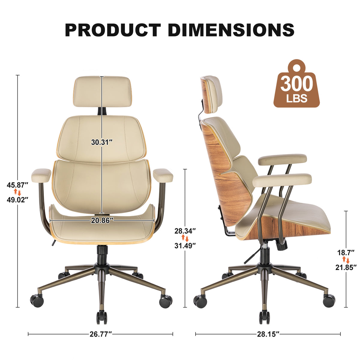 Mid Century Walnut PU Leather High Back Office Chair with Headrest, Black | Curved walnut back & seat, high-back with headrest, PU leather, padded armrests, executive swivel & rolling for home office