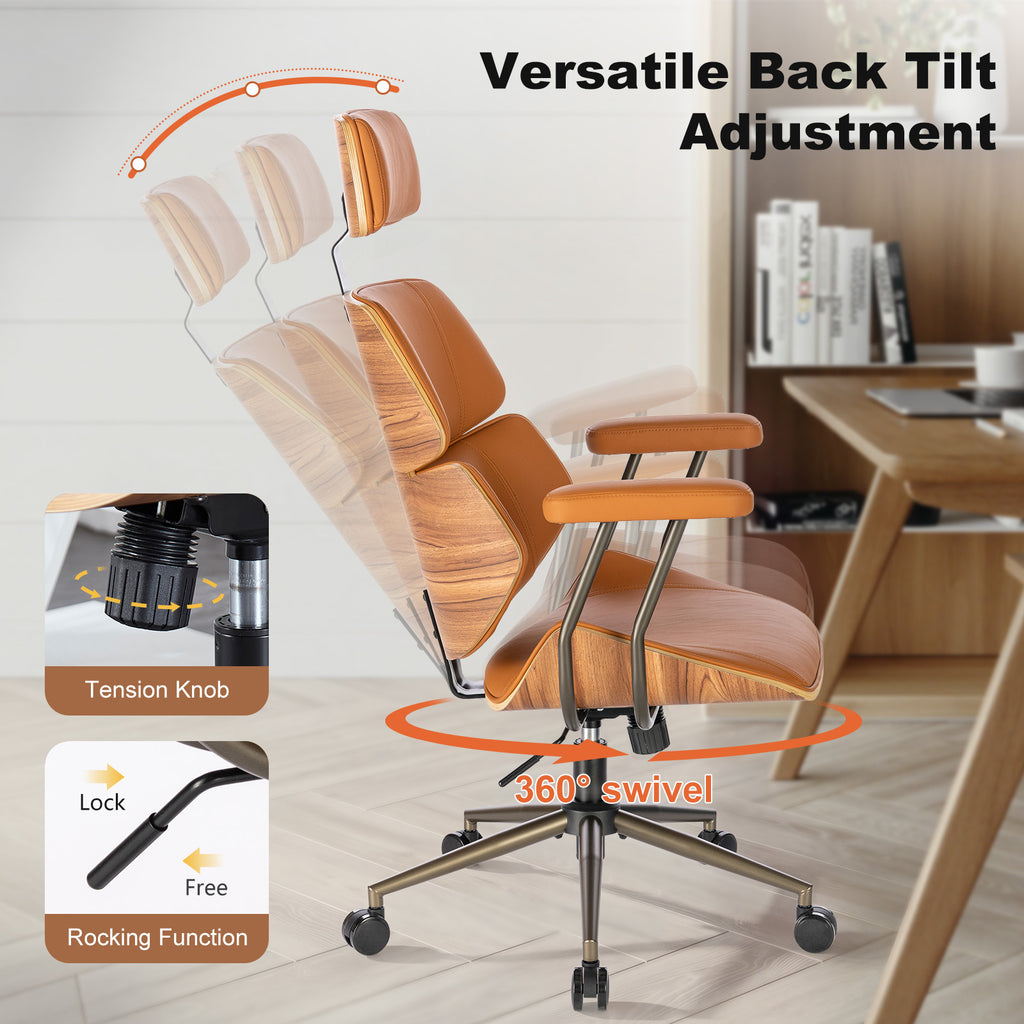 Mid Century Walnut PU Leather High Back Office Chair with Headrest, Black | Curved walnut back & seat, high-back with headrest, PU leather, padded armrests, executive swivel & rolling for home office