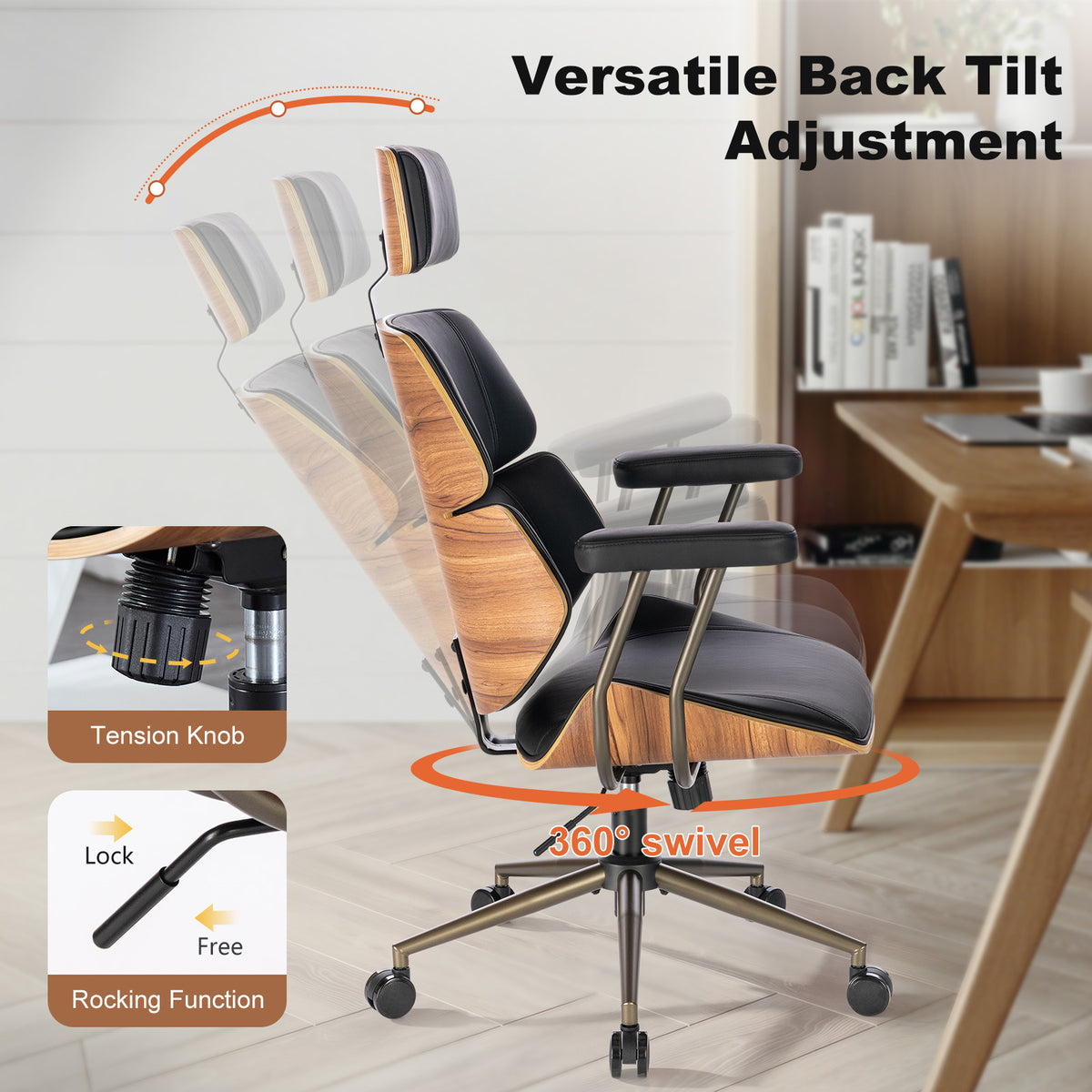 Mid Century Walnut PU Leather High Back Office Chair with Headrest, Black | Curved walnut back & seat, high-back with headrest, PU leather, padded armrests, executive swivel & rolling for home office