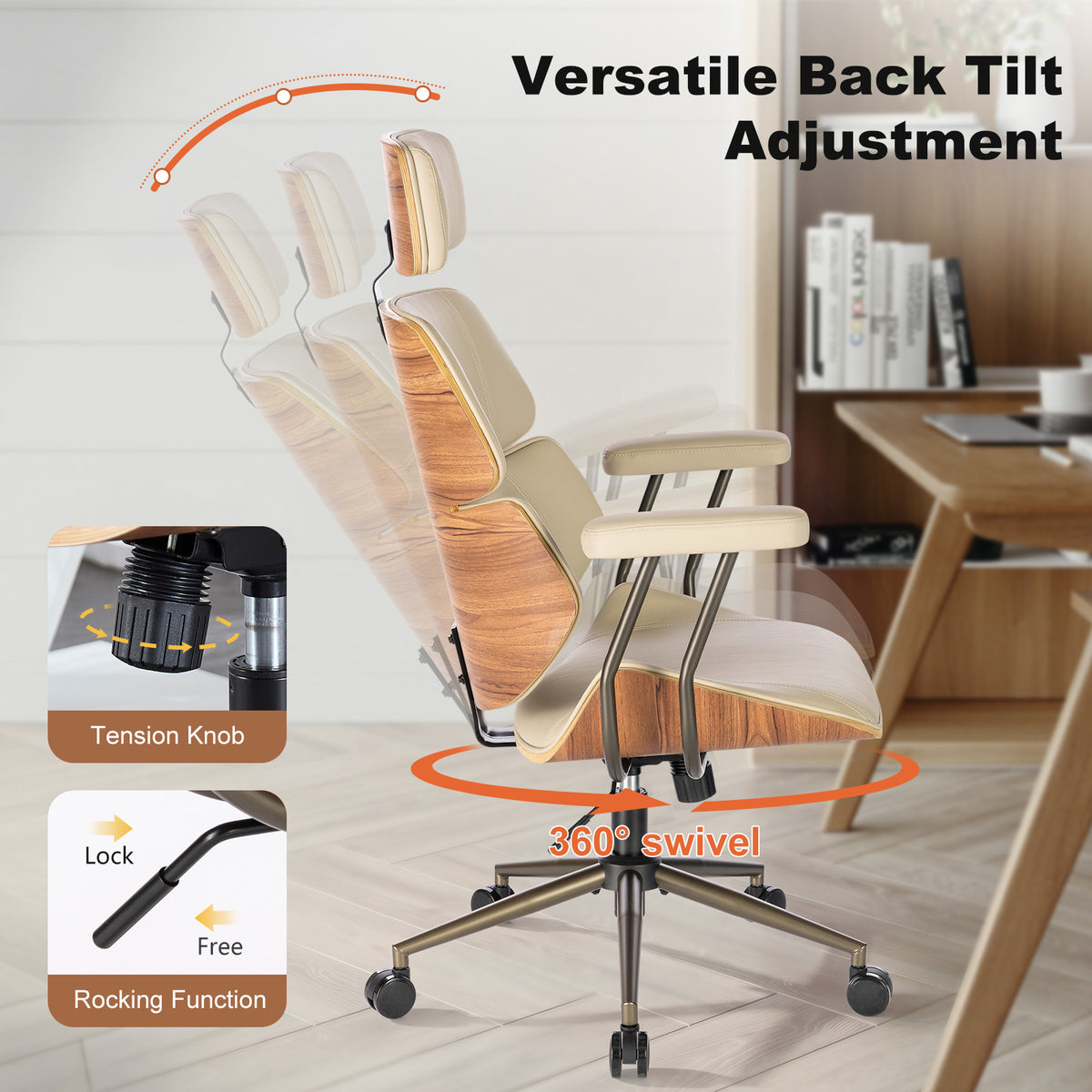 Mid Century Walnut PU Leather High Back Office Chair with Headrest, Black | Curved walnut back & seat, high-back with headrest, PU leather, padded armrests, executive swivel & rolling for home office