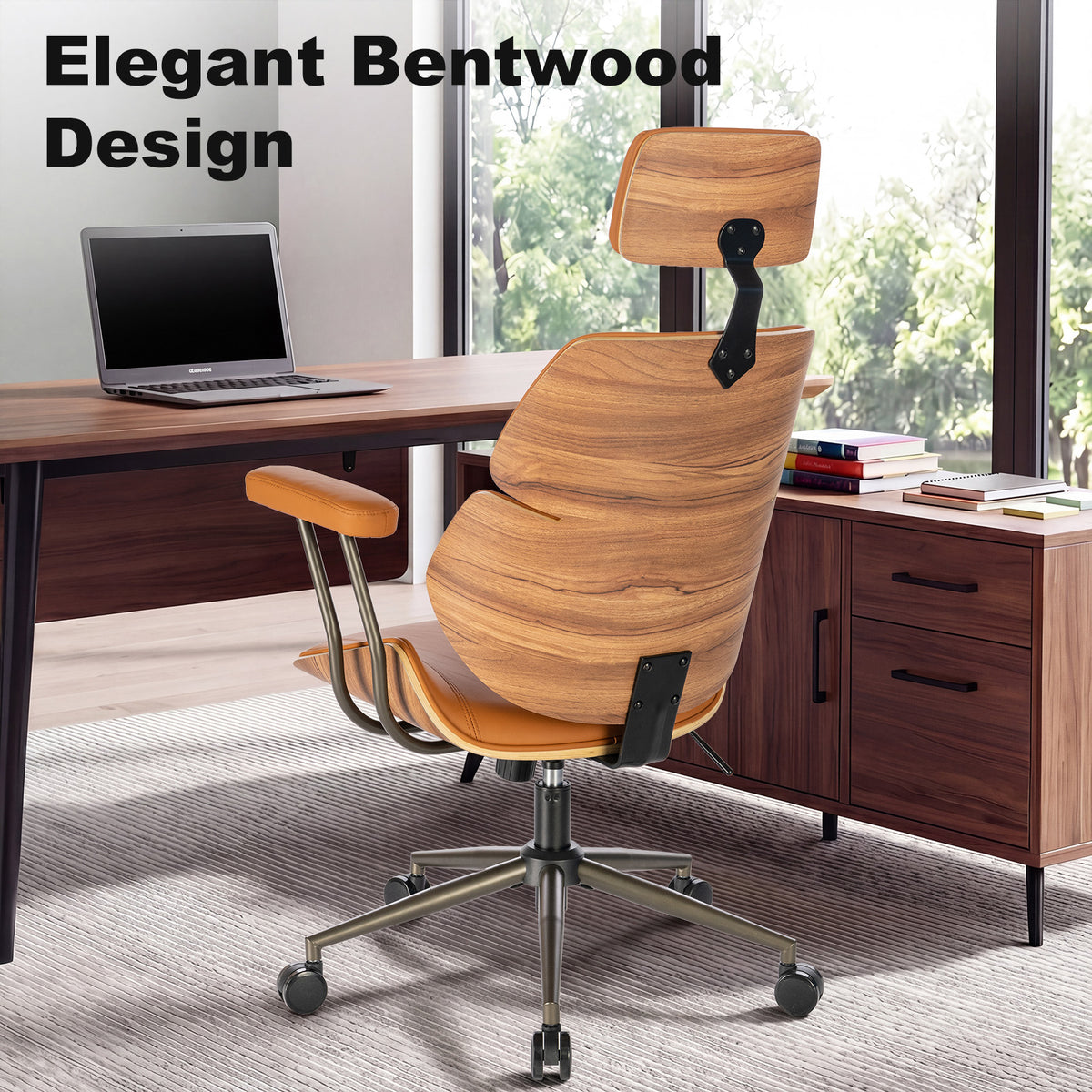 Mid Century Walnut PU Leather High Back Office Chair with Headrest, Black | Curved walnut back & seat, high-back with headrest, PU leather, padded armrests, executive swivel & rolling for home office