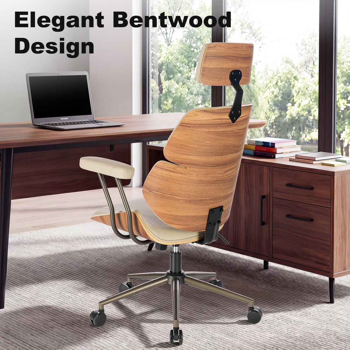 Mid Century Walnut PU Leather High Back Office Chair with Headrest, Black | Curved walnut back & seat, high-back with headrest, PU leather, padded armrests, executive swivel & rolling for home office