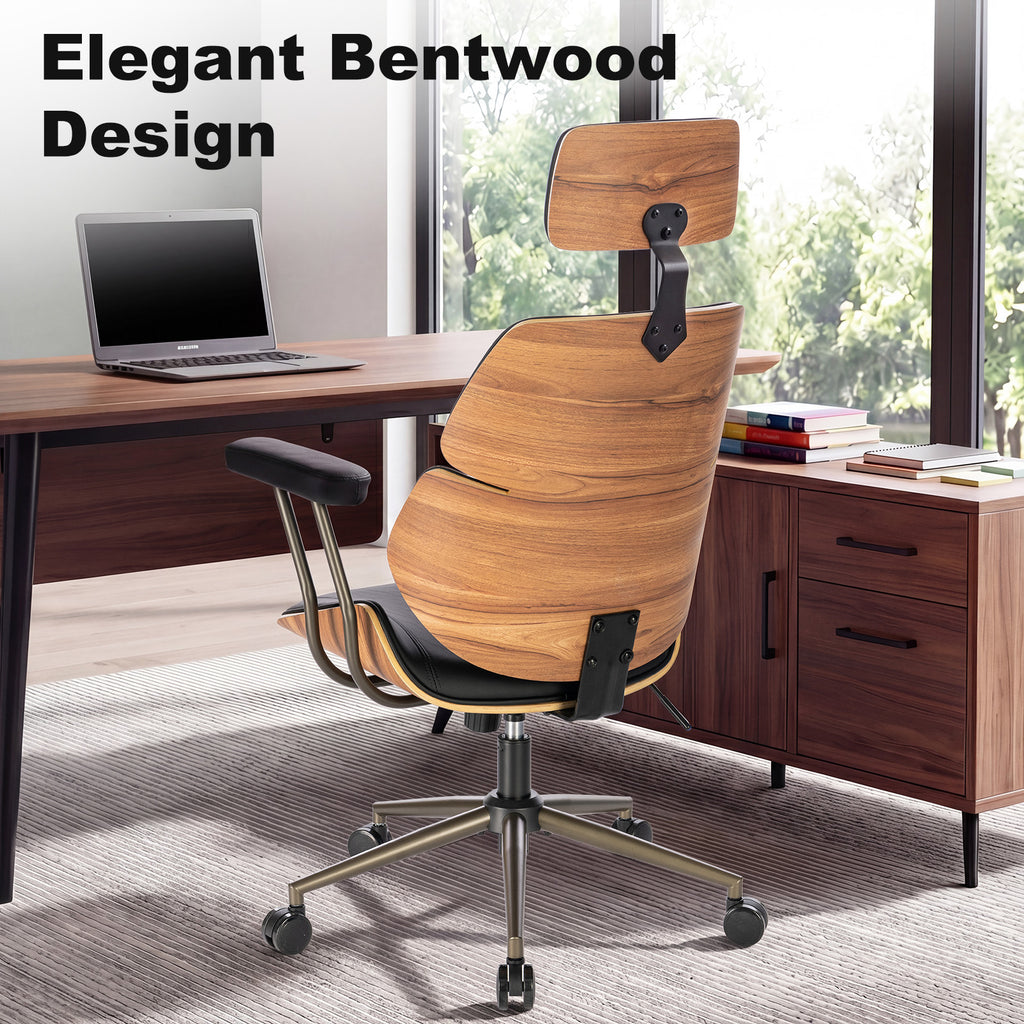 Mid Century Walnut PU Leather High Back Office Chair with Headrest, Black | Curved walnut back & seat, high-back with headrest, PU leather, padded armrests, executive swivel & rolling for home office
