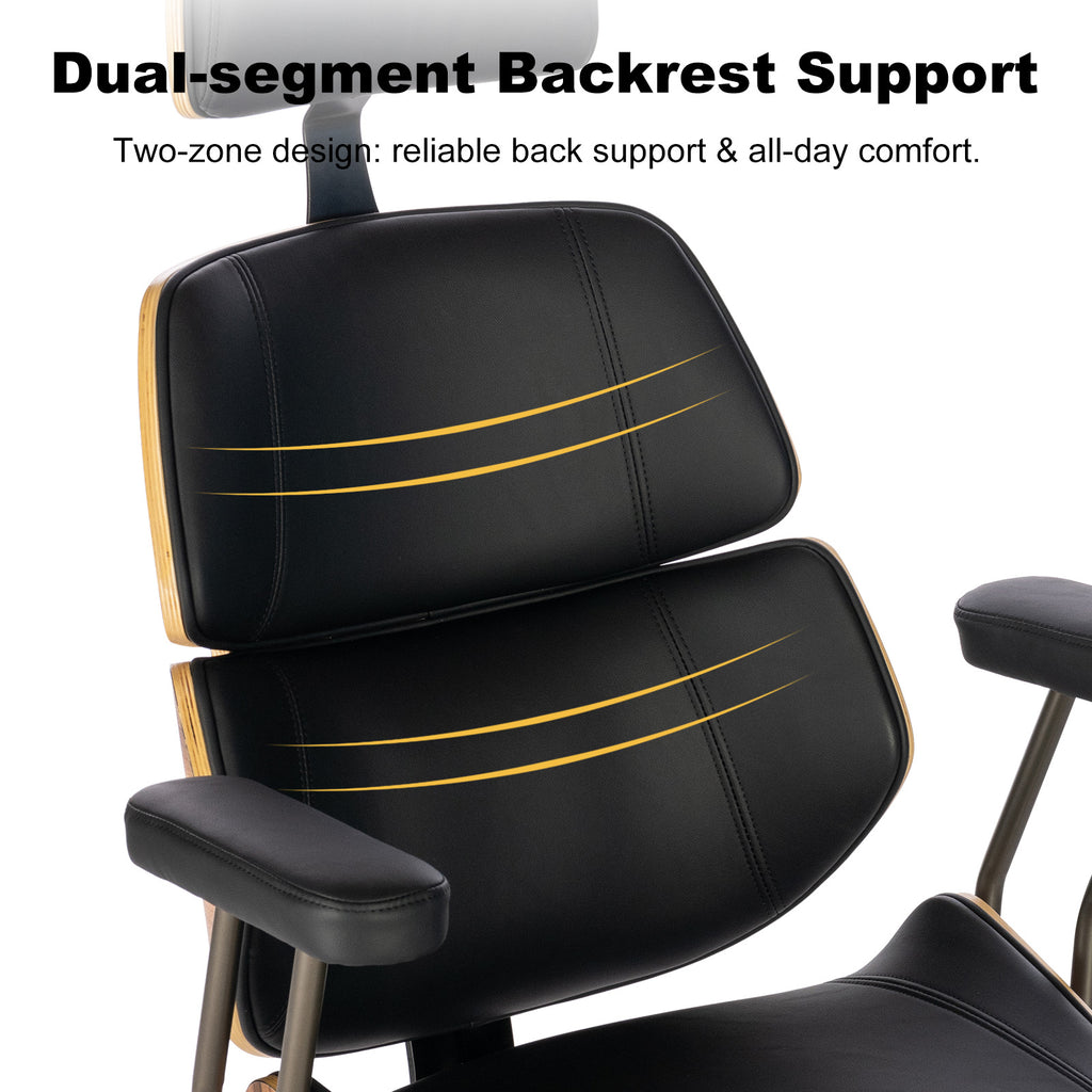 Mid Century Walnut PU Leather High Back Office Chair with Headrest, Black | Curved walnut back & seat, high-back with headrest, PU leather, padded armrests, executive swivel & rolling for home office