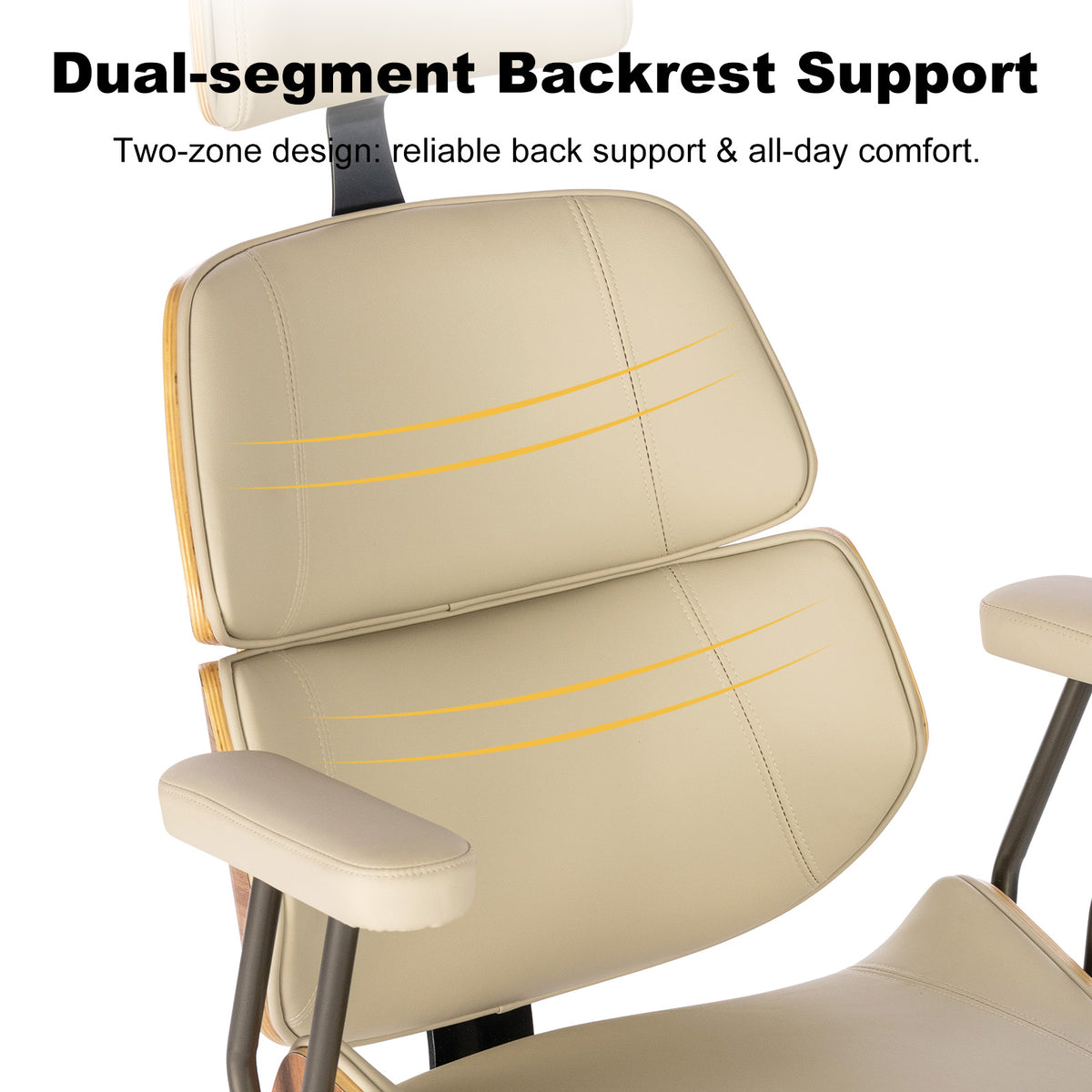 Mid Century Walnut PU Leather High Back Office Chair with Headrest, Black | Curved walnut back & seat, high-back with headrest, PU leather, padded armrests, executive swivel & rolling for home office