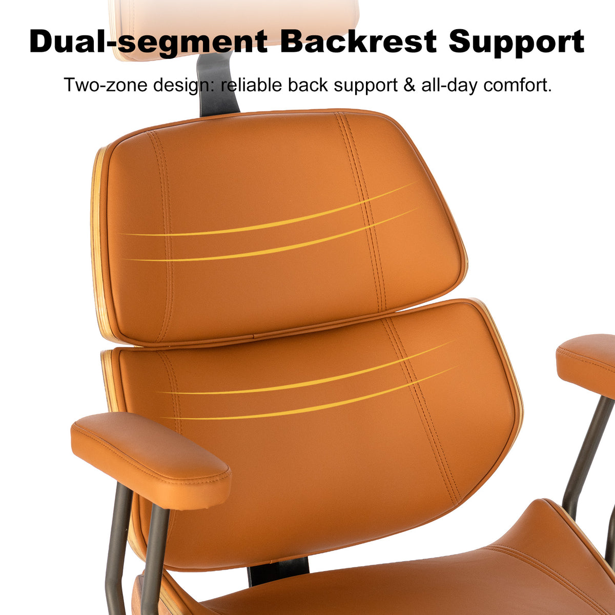 Mid Century Walnut PU Leather High Back Office Chair with Headrest, Black | Curved walnut back & seat, high-back with headrest, PU leather, padded armrests, executive swivel & rolling for home office